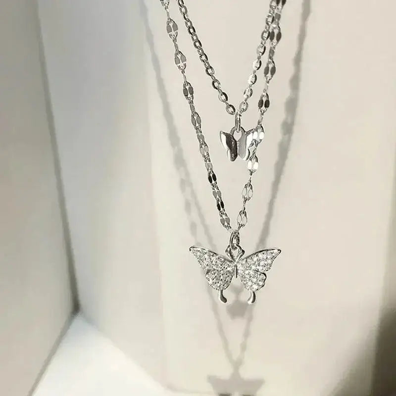 ANENJERY 925 Sterling Silver CZ Butterfly Necklace: Double Layer Dainty Jewelry VIP-Cosmetics