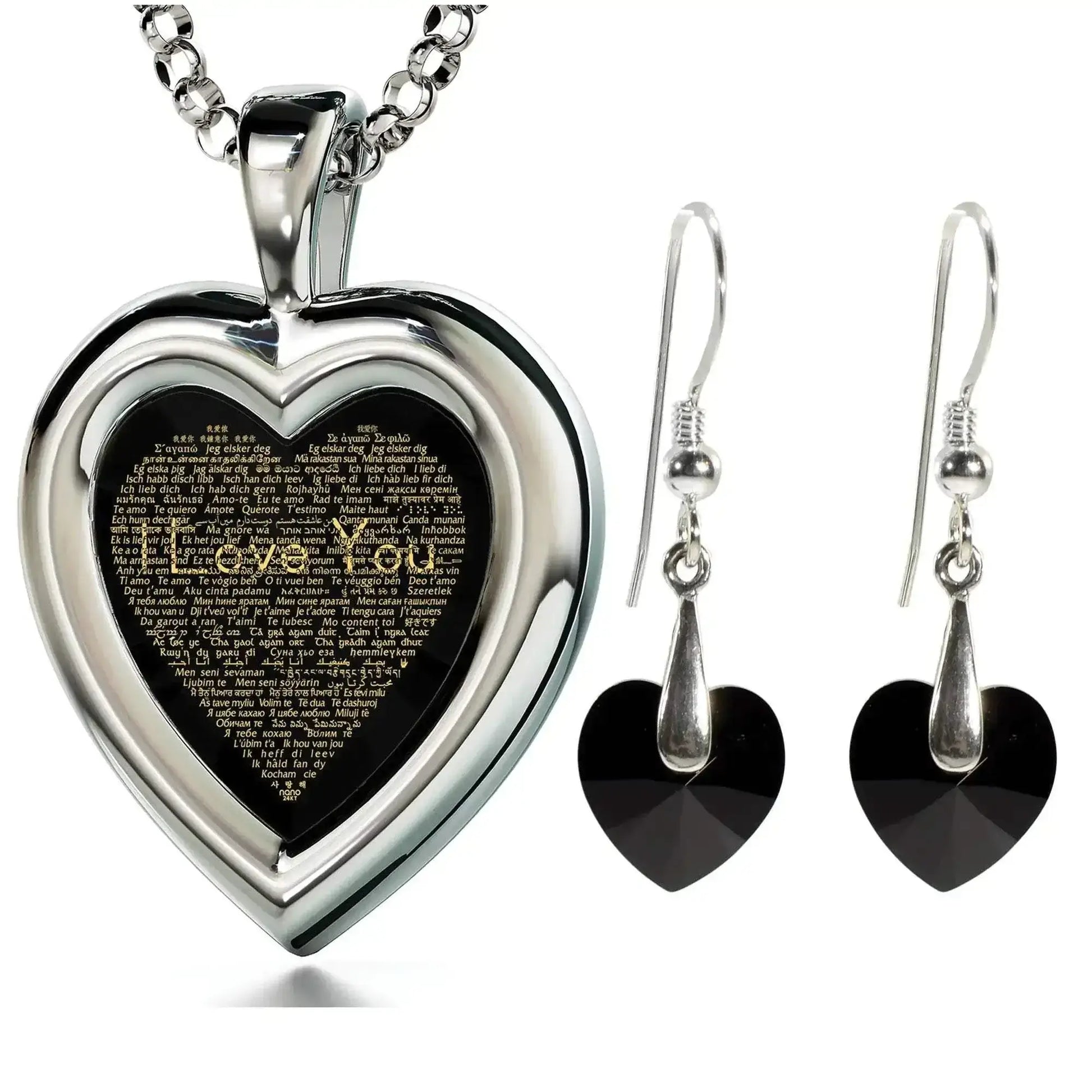 925 Silver Heart Jewelry Set I Love You Necklace in 120 Languages and Crystal Earrings VIP-Cosmetics