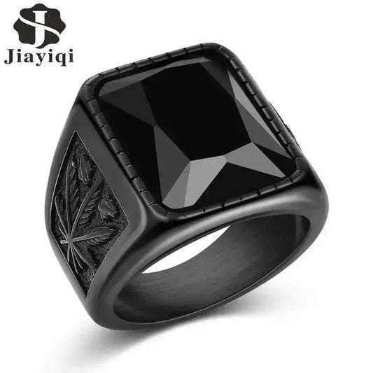 Jiayiqi Men's Hiphop Stainless Steel Stone Ring - Rock Fashion Jewelry VIP-Cosmetics