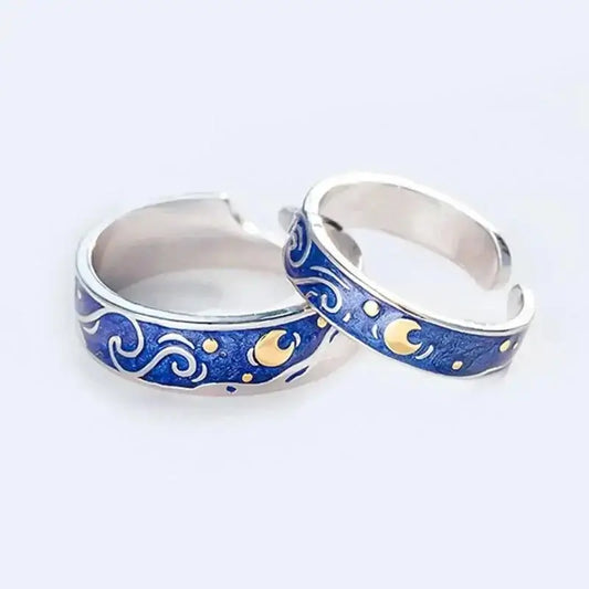 Adjustable Van Gogh Starry Night Couple Rings: Silver with Blue Stars - Valentine's Jewelry VIP-Cosmetics