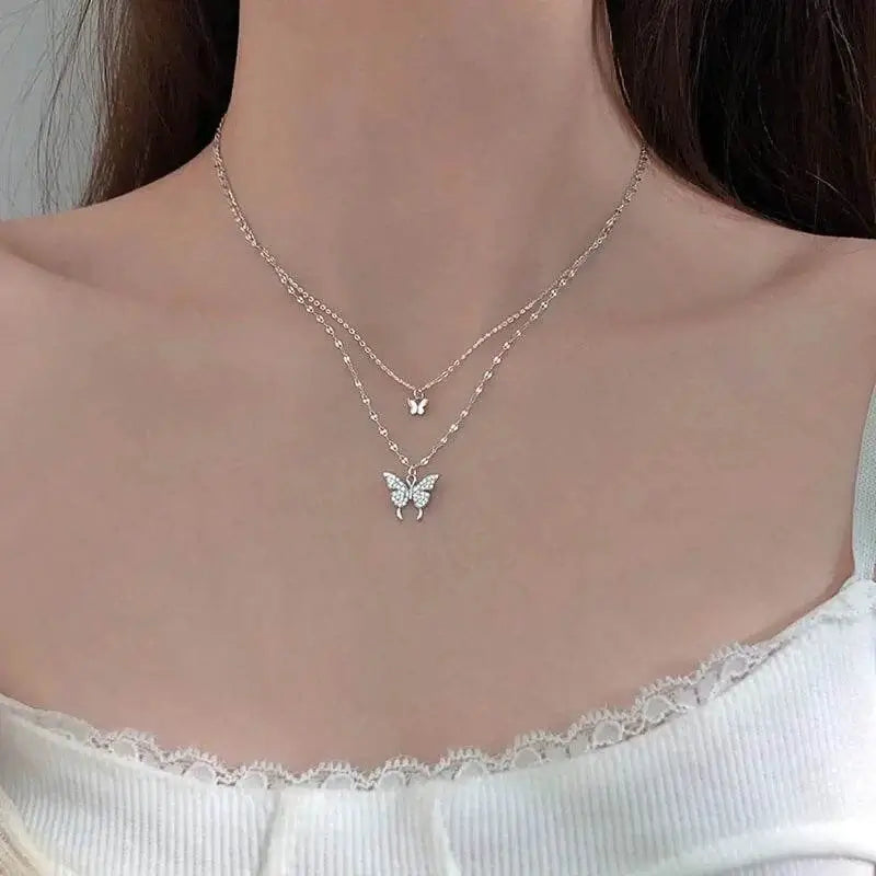ANENJERY 925 Sterling Silver CZ Butterfly Necklace: Double Layer Dainty Jewelry VIP-Cosmetics